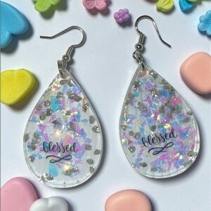 Blessed Resin Teardrop Earrings Handmade Glitter Inspirational Jewelry